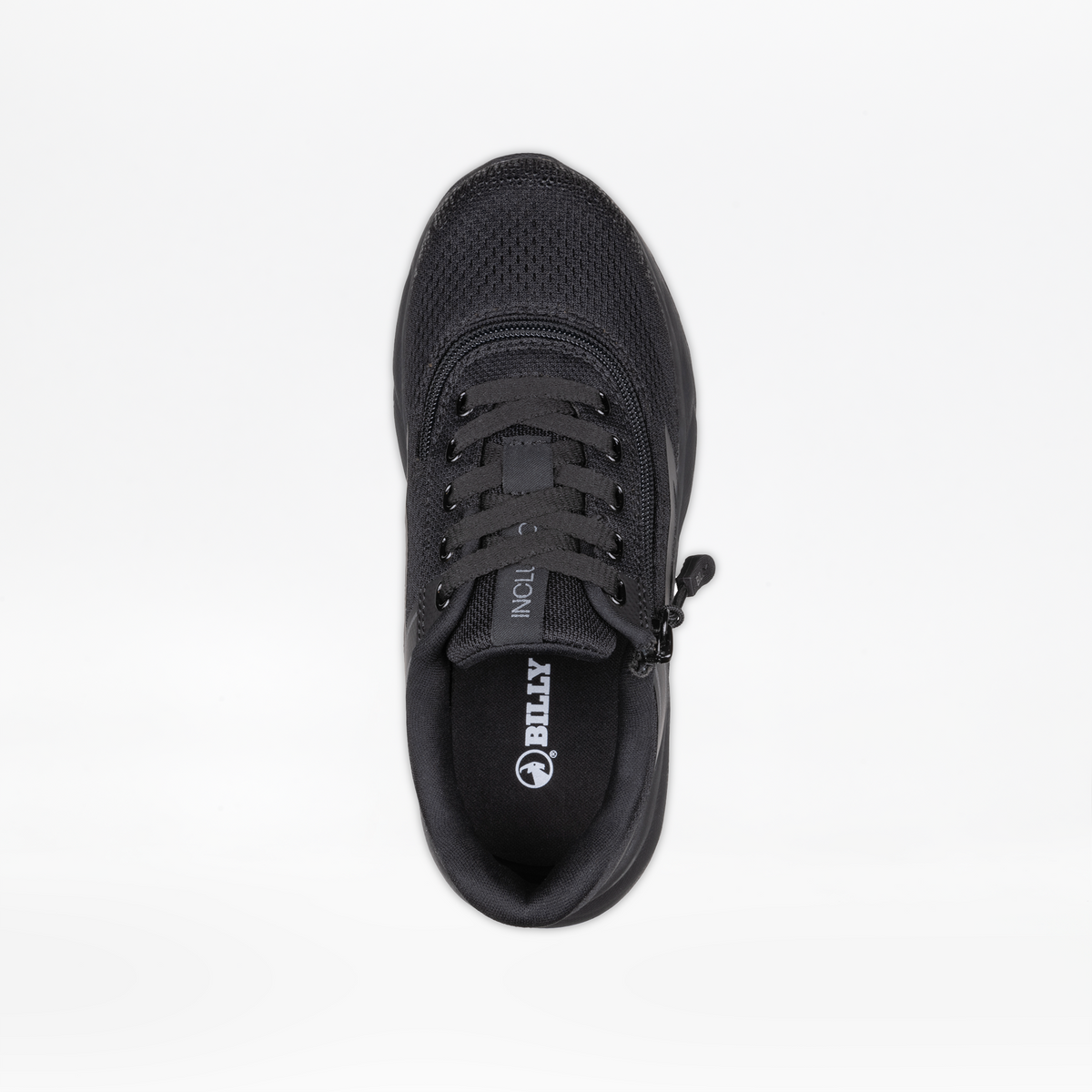 Top view of the Black to the Floor BILLY Sport Inclusion kids sneaker by BILLY Footwear, featuring laces, a side zipper, mesh toe, and branded insole. Displayed on a plain white background.