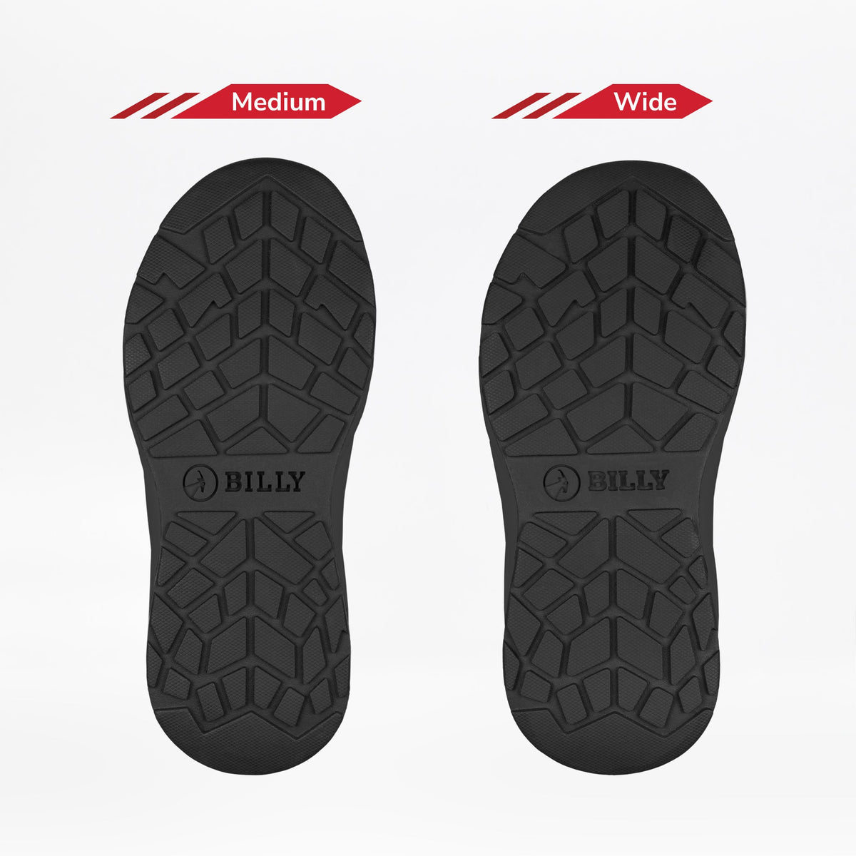 Two black Black to the Floor BILLY Sport Inclusion soles from BILLY Footwear are shown side by side. The left, labeled Medium, is narrower; the right, labeled Wide, is broader. Both have the same tread pattern highlighting fit options for kids.