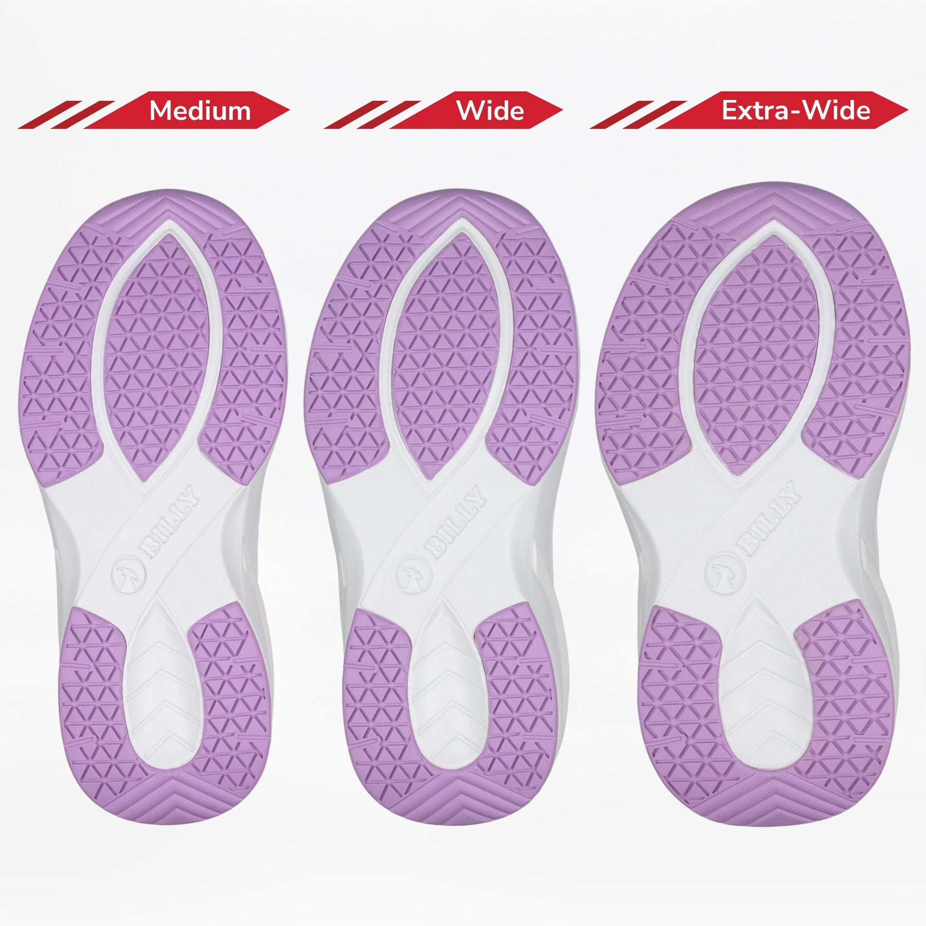 Three Lilac Watercolor BILLY Limitless soles from BILLY Footwear, in Medium, Wide, and Extra-Wide widths, are shown side by side to display the sensory-friendly shoe’s width options with purple and white treads.