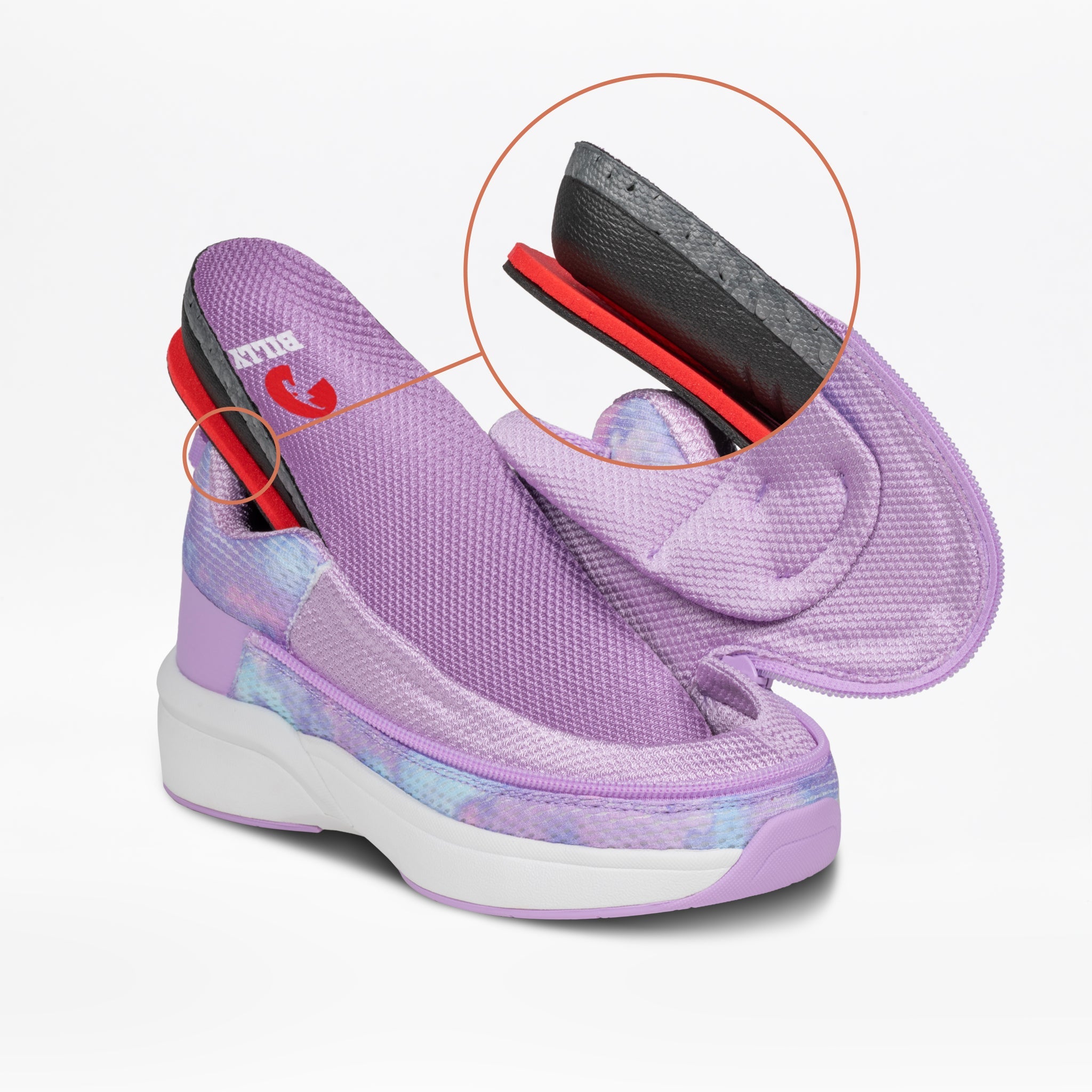 The BILLY Footwear Lilac Watercolor BILLY Limitless is a lavender platform sandal with mesh fabric and a white sole, shown in close-up to reveal black, red, and purple cushioning—an adaptive shoe designed for comfort.