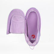 The Lilac Watercolor BILLY Limitless by BILLY Footwear is an adaptive kids’ shoe featuring a fully unzipped upper for easy access and sensory-friendly comfort, with the inner sole displaying the BILLY logo.