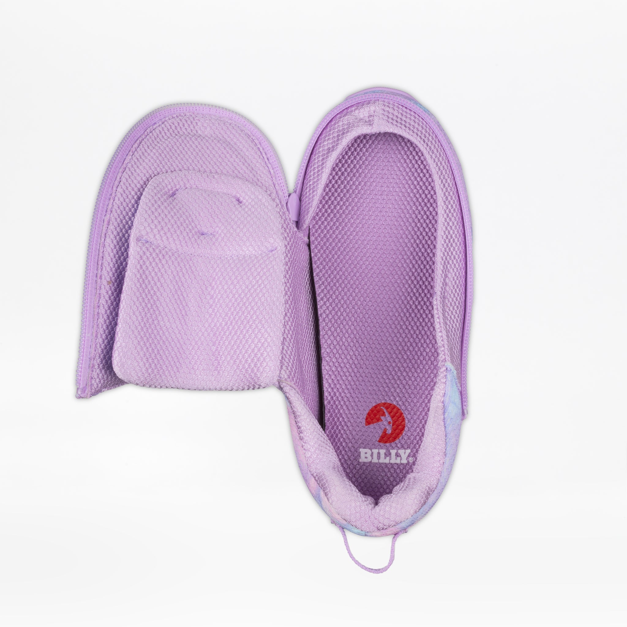 The Lilac Watercolor BILLY Limitless by BILLY Footwear is an adaptive kids’ shoe featuring a fully unzipped upper for easy access and sensory-friendly comfort, with the inner sole displaying the BILLY logo.
