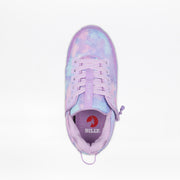 Top view of the Lilac Watercolor BILLY Limitless orthopedic kids' shoe by BILLY Footwear, featuring a pastel lavender and pink tie-dye pattern, lavender laces, side zipper, "LIMITLESS" on the tongue, and a red Billy logo on the insole. White background.