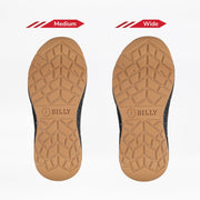Two brown shoe soles with black sides from the BILLY Footwear Black/Black/Gum BILLY Sport Inclusion DZ1 are shown side by side, labeled Medium and Wide to show the width difference. Both display BILLY branding and textured patterns.