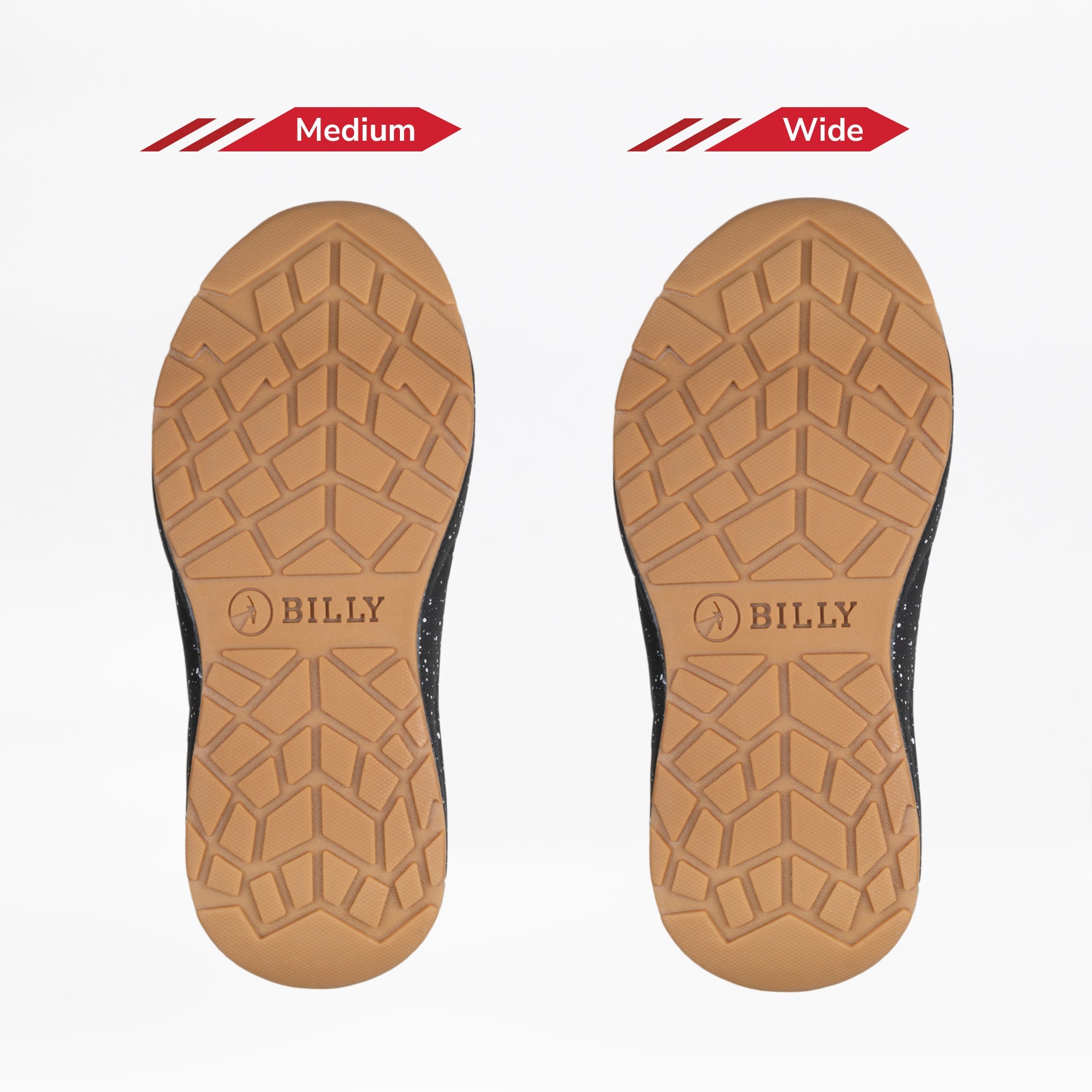 Two brown shoe soles with black sides from the BILLY Footwear Black/Black/Gum BILLY Sport Inclusion DZ1 are shown side by side, labeled Medium and Wide to show the width difference. Both display BILLY branding and textured patterns.
