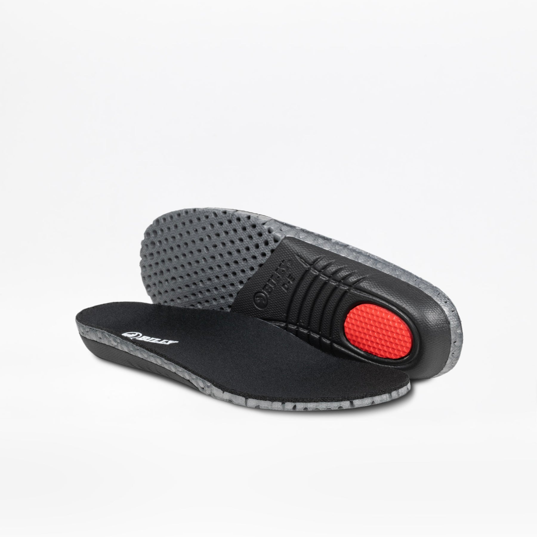 The Black/Black/Gum BILLY Sport Inclusion DZ1 insoles by BILLY Footwear feature textured gray bottoms and a red cushioned heel, designed for kids’ athletic shoes and shown on a white background.