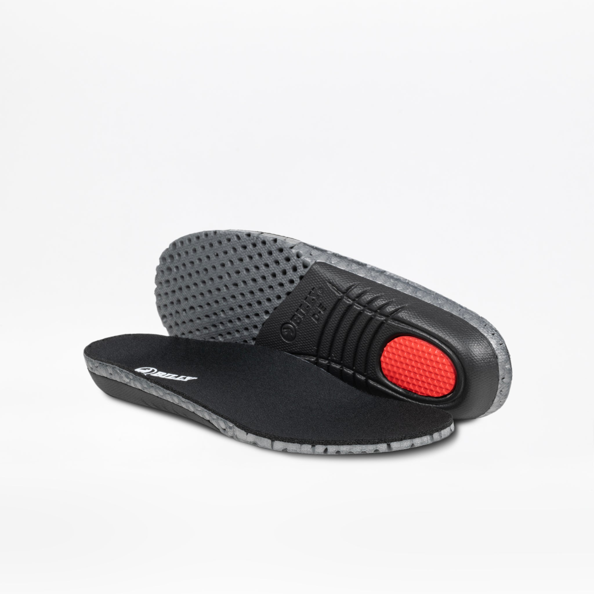 The Black/Black/Gum BILLY Sport Inclusion DZ1 insoles by BILLY Footwear feature textured gray bottoms and a red cushioned heel, designed for kids’ athletic shoes and shown on a white background.