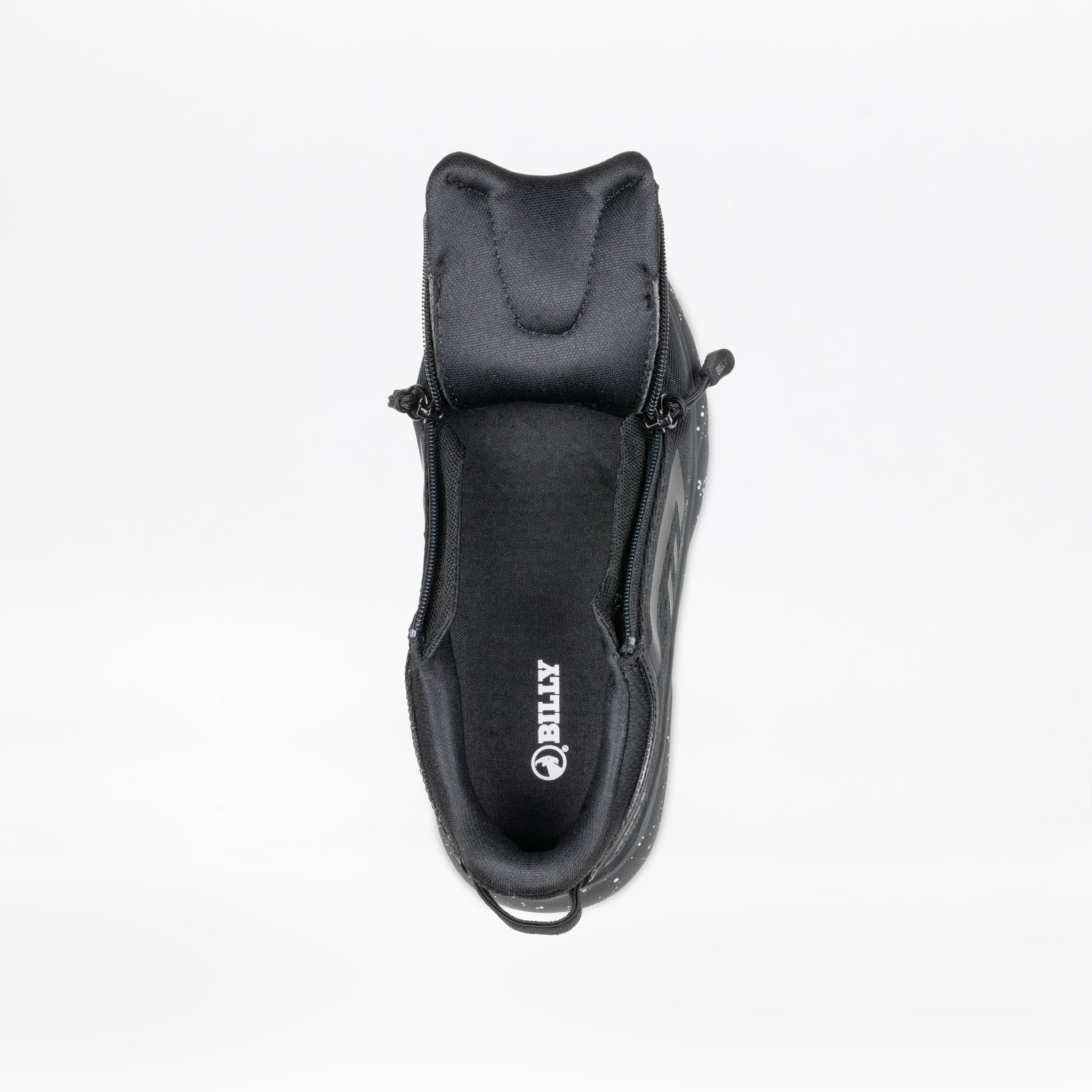 Top view of a Black/Black/Gum BILLY Sport Inclusion DZ1 by BILLY Footwear, double side zippers open to show the interior and tongue, displayed on a plain white background.