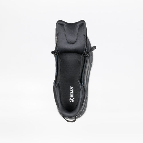 Top view of a Black/Black/Gum BILLY Sport Inclusion DZ1 by BILLY Footwear, double side zippers open to show the interior and tongue, displayed on a plain white background.
