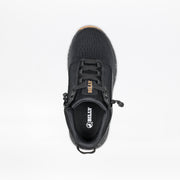 Top view of the BILLY Sport Inclusion DZ1 kids’ adaptive sneaker by BILLY Footwear, featuring double zippers, mesh upper, brown BILLY label on the tongue, and the logo on the insole—shown on a white background.