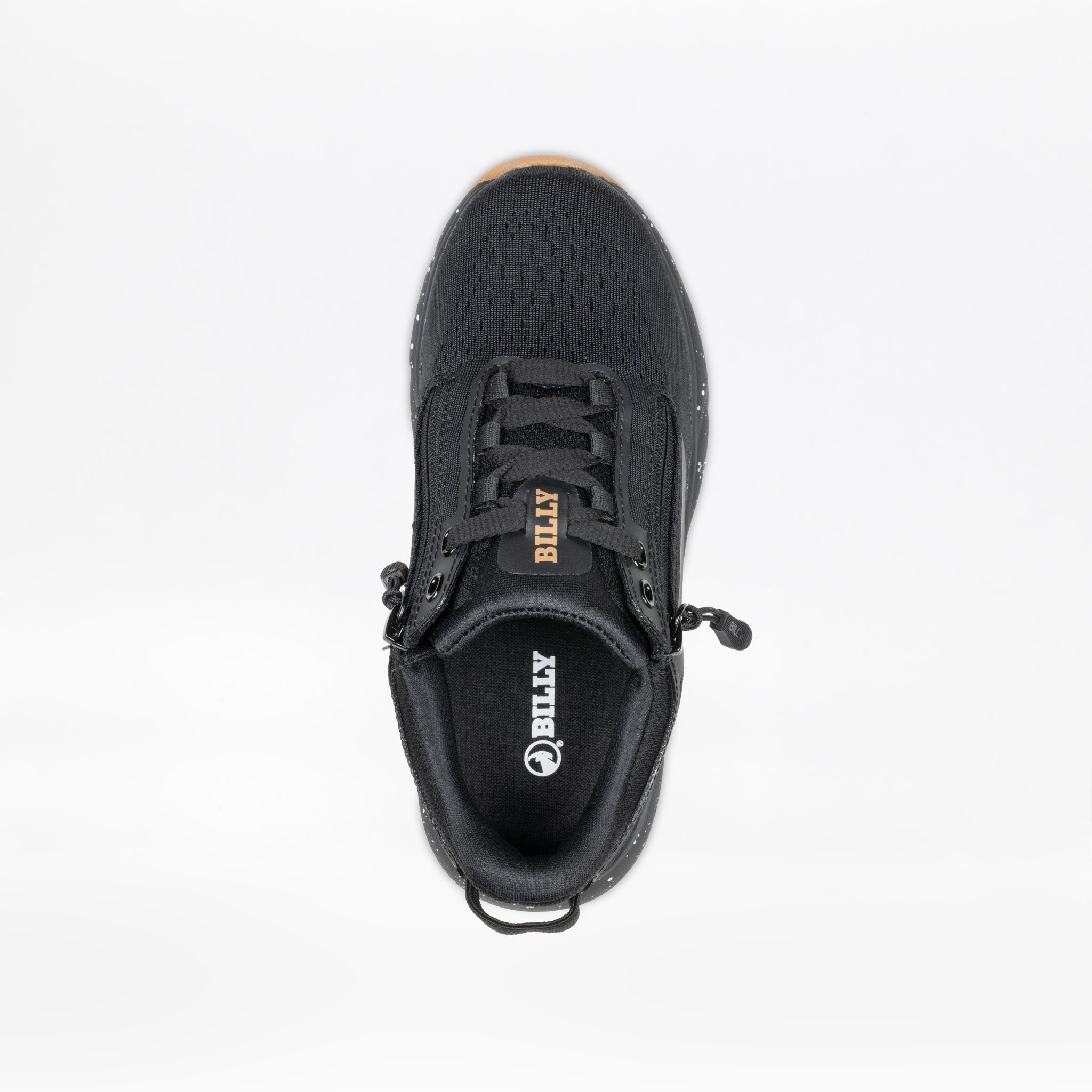 Top view of the BILLY Sport Inclusion DZ1 kids’ adaptive sneaker by BILLY Footwear, featuring double zippers, mesh upper, brown BILLY label on the tongue, and the logo on the insole—shown on a white background.