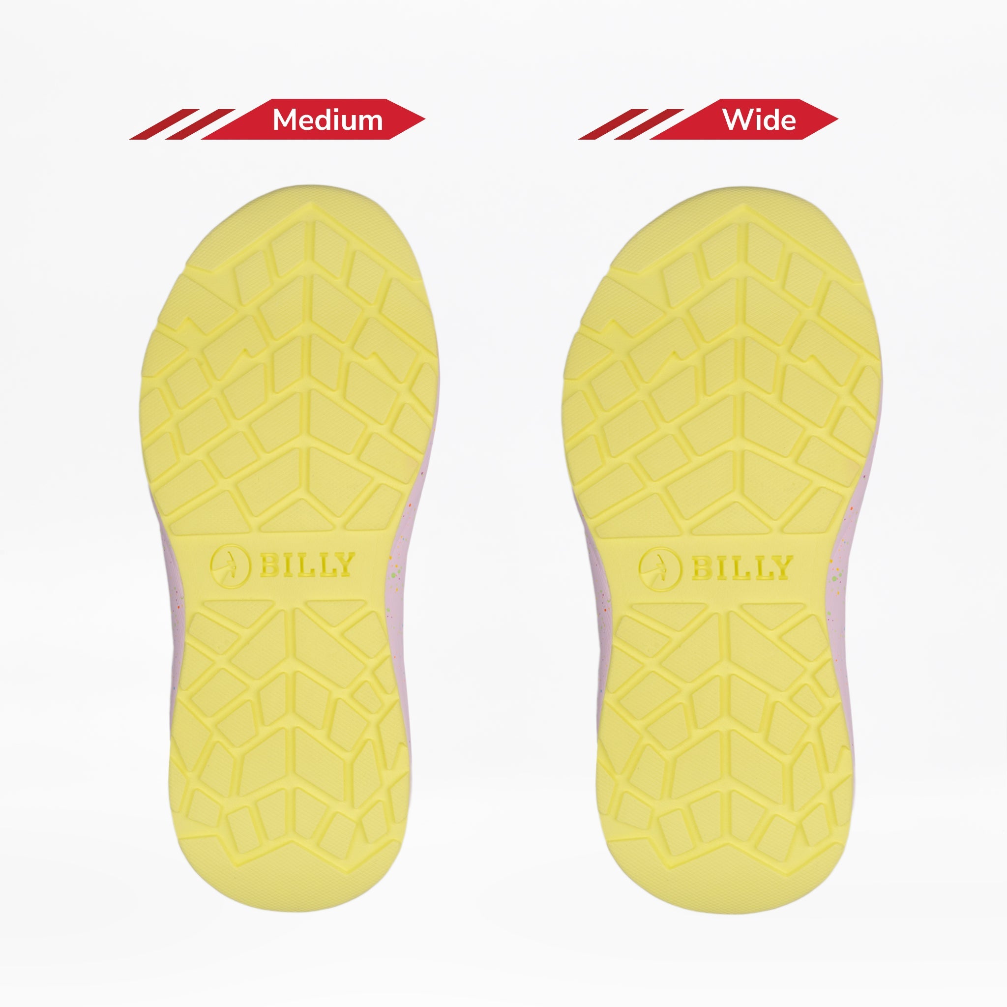 Two yellow shoe soles from the BILLY Footwear Pink Confetti BILLY Sport Inclusion DZ1 kids' sneakers are shown side by side on a white background, labeled Medium (left) and Wide (right) to highlight the width difference.