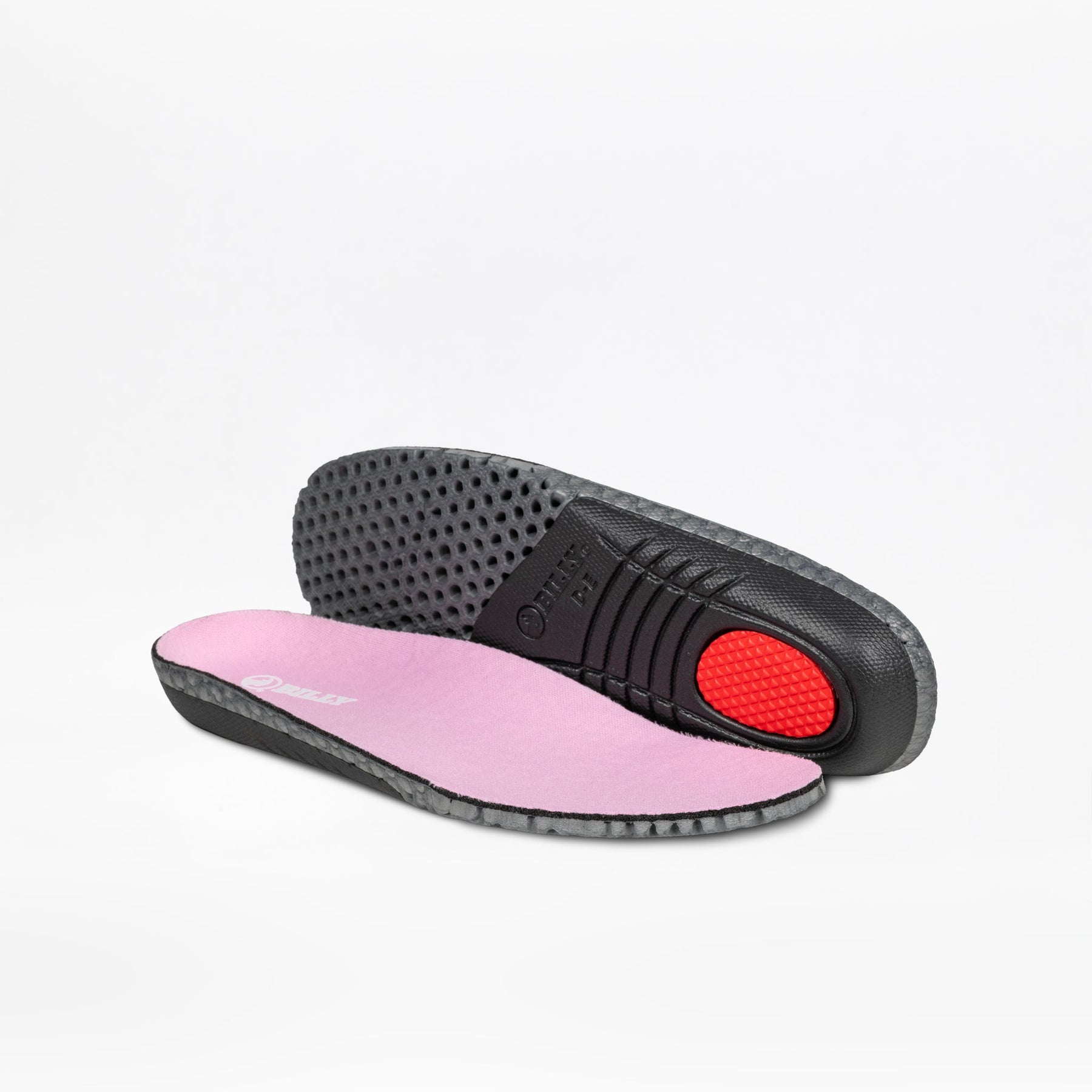 A pair of Pink Confetti BILLY Sport Inclusion DZ1 insoles by BILLY Footwear is shown on a white background: one displays a pink top, the other shows a black textured bottom with red cushioning at the heel.