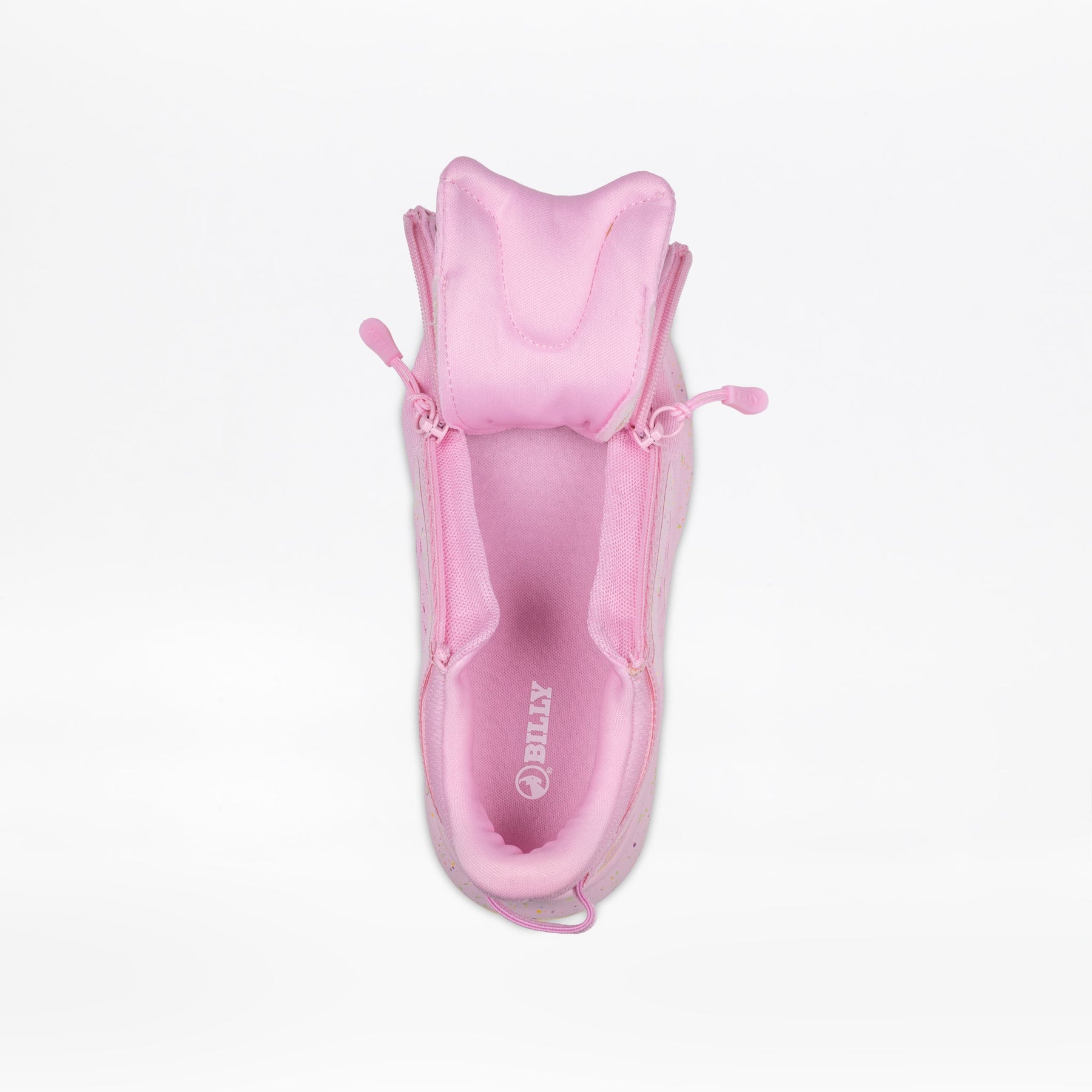 Top view of the Pink Confetti BILLY Sport Inclusion DZ1 sneaker for kids by BILLY Footwear, featuring double zippers that reveal a soft cushioned tongue and branded insole, set against a white background.