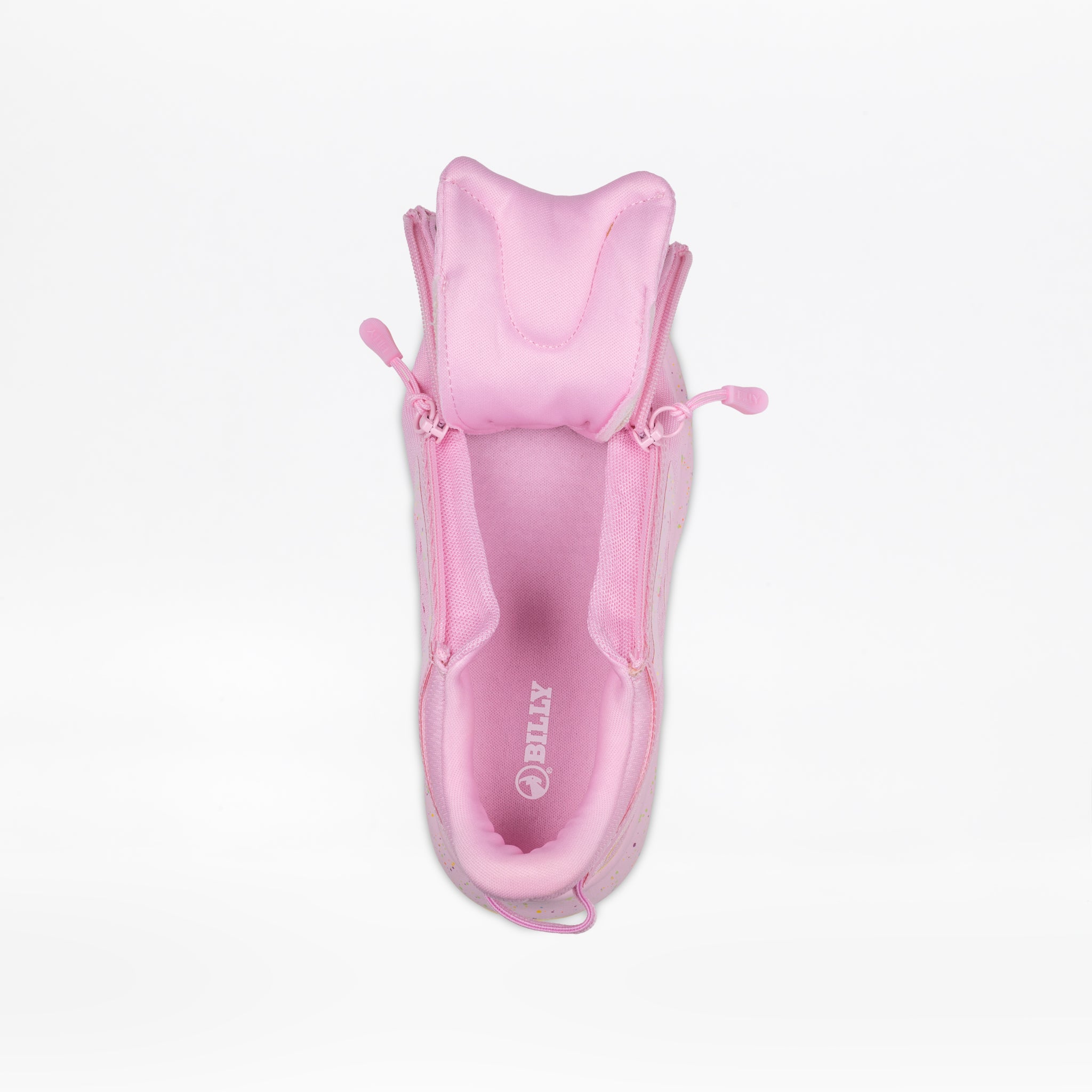 Top view of the Pink Confetti BILLY Sport Inclusion DZ1 sneaker for kids by BILLY Footwear, featuring double zippers that reveal a soft cushioned tongue and branded insole, set against a white background.