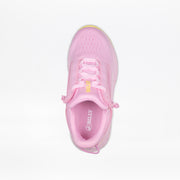 A top view of the Pink Confetti BILLY Sport Inclusion DZ1 kids athletic shoe by BILLY Footwear, showing "BILLY" in yellow on the tongue and in white on the insole, displayed against a plain white background.