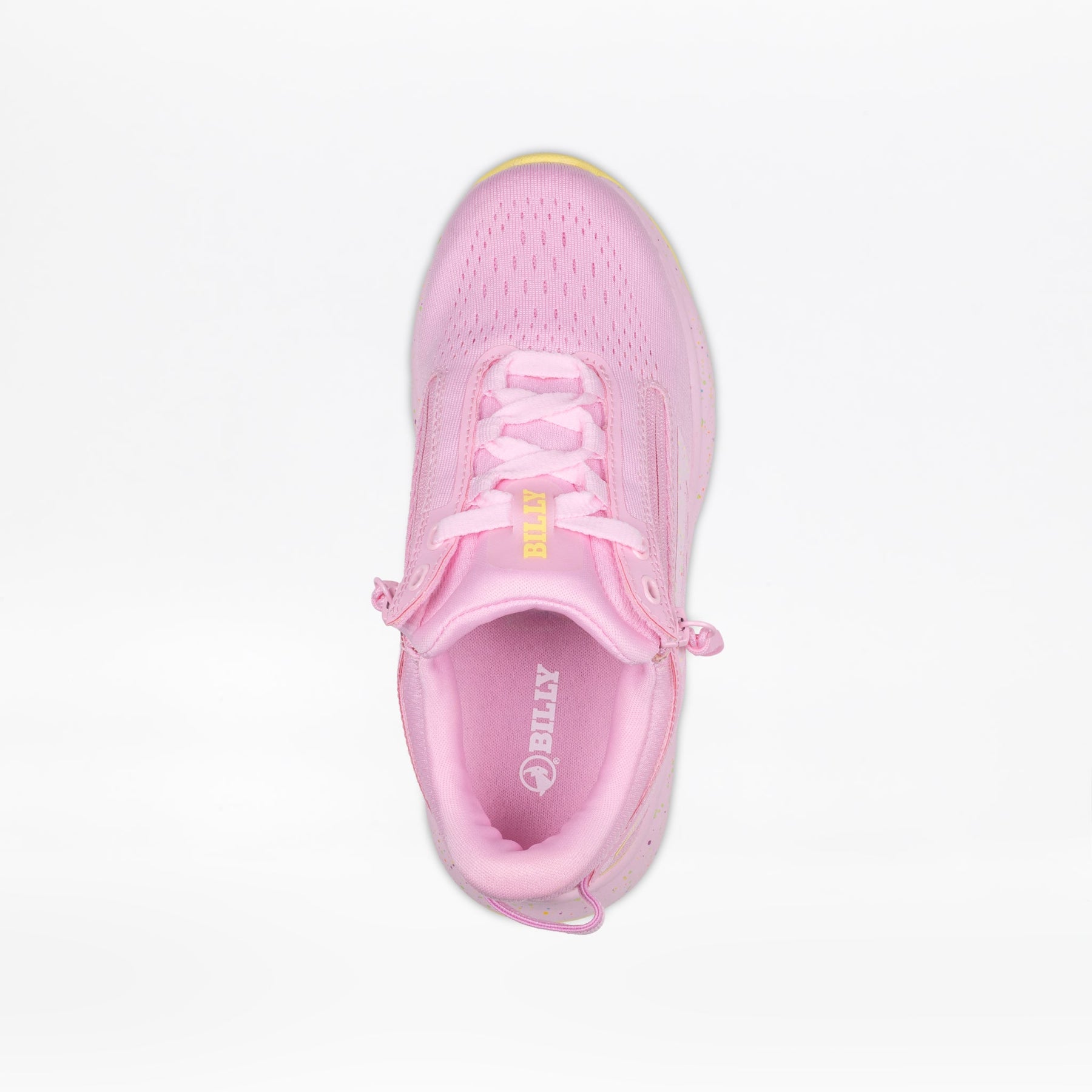 A top view of the Pink Confetti BILLY Sport Inclusion DZ1 kids athletic shoe by BILLY Footwear, showing "BILLY" in yellow on the tongue and in white on the insole, displayed against a plain white background.