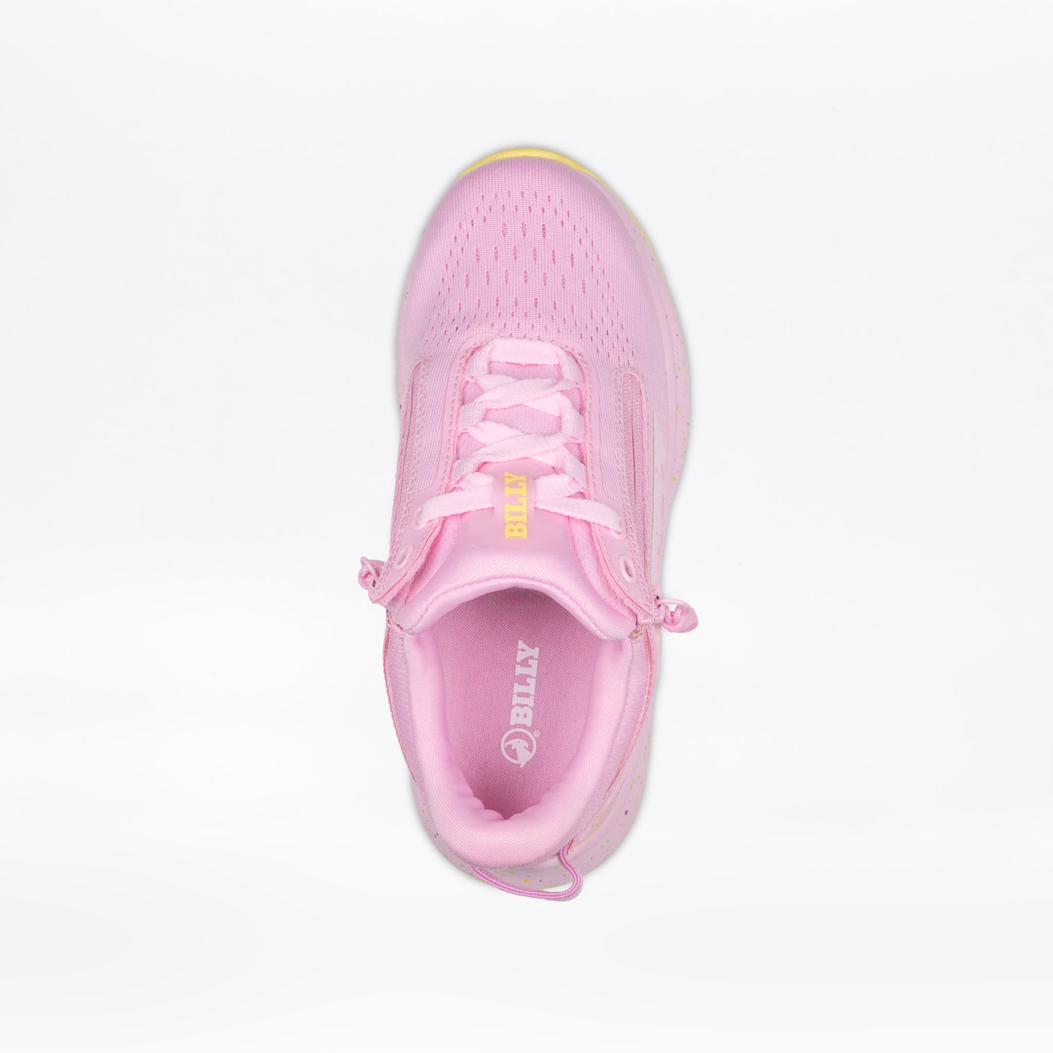 A top view of the Pink Confetti BILLY Sport Inclusion DZ1 kids athletic shoe by BILLY Footwear, showing "BILLY" in yellow on the tongue and in white on the insole, displayed against a plain white background.