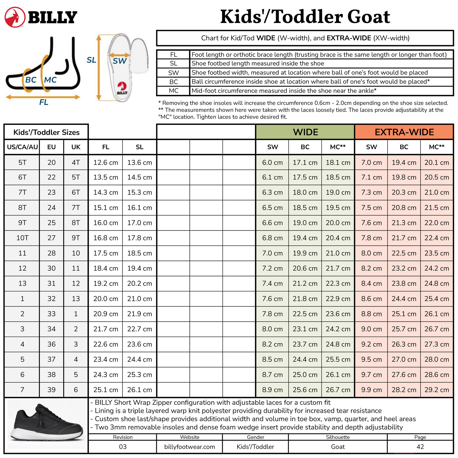 Kids'/Toddler BILLY Goat afo-friendly shoes sizing chart
