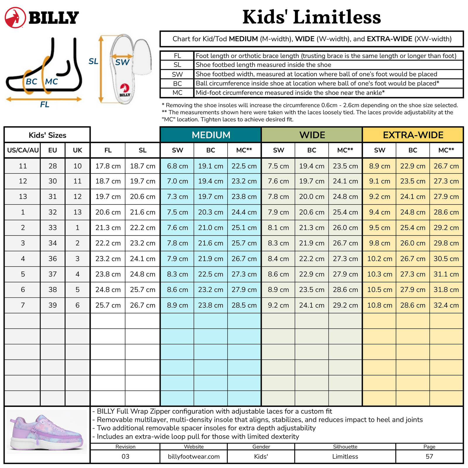 Billy Kids' Limitless shoe size chart with measurements for foot length, width, and extra-wide options.