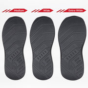 Three black soles, labeled Medium, Wide, and Extra-Wide, showcase the width options for BILLY Footwear's Men's Black to the Floor BILLY Goat orthopedic and wide shoes.