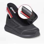 The Men's Black to the Floor BILLY Goat by BILLY Footwear features a black and red design with an open flap and hook-and-loop fastener, shown up close in a circular inset—ideal for those seeking AFO-friendly or men's wide shoes.