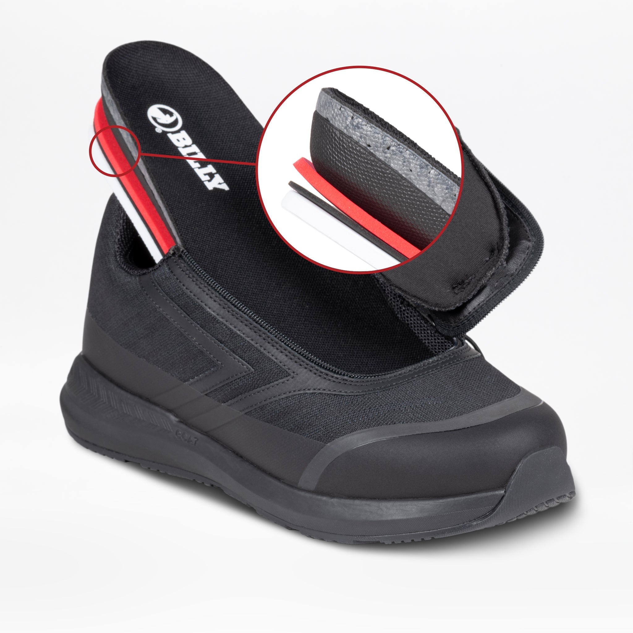 The Men's Black to the Floor BILLY Goat by BILLY Footwear features a black and red design with an open flap and hook-and-loop fastener, shown up close in a circular inset—ideal for those seeking AFO-friendly or men's wide shoes.