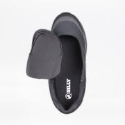 Top view of the Men's Black to the Floor BILLY Goat slip-on orthopedic shoe by BILLY Footwear, featuring a side zipper and foldable upper. The insole displays the “BILLY” logo in white. This AFO-friendly shoe provides comfort and support.