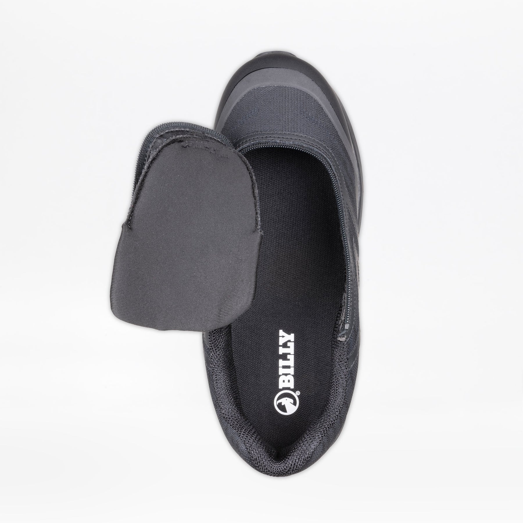 Top view of the Men's Black to the Floor BILLY Goat slip-on orthopedic shoe by BILLY Footwear, featuring a side zipper and foldable upper. The insole displays the “BILLY” logo in white. This AFO-friendly shoe provides comfort and support.