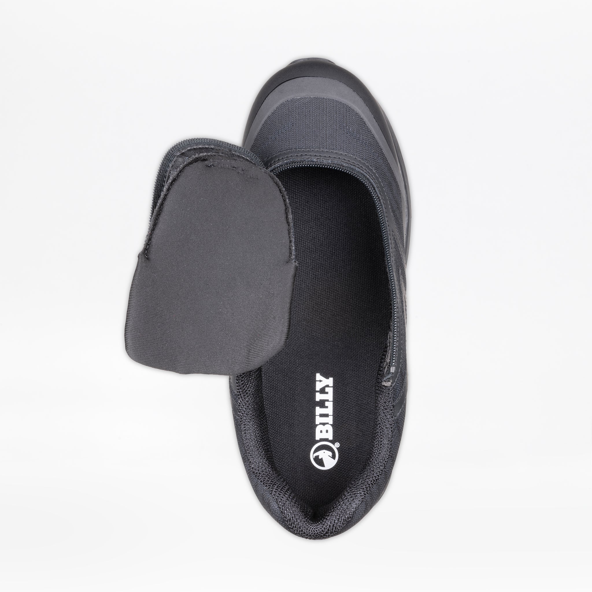 Top view of the Men's Black to the Floor BILLY Goat slip-on orthopedic shoe by BILLY Footwear, featuring a side zipper and foldable upper. The insole displays the “BILLY” logo in white. This AFO-friendly shoe provides comfort and support.