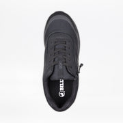 Top-down view of the Men's Black to the Floor BILLY Goat by BILLY Footwear. This wide, orthopedic shoe has "GOAT" on the tongue, a goat logo insole, and a side zipper for stylish, AFO-friendly easy access.