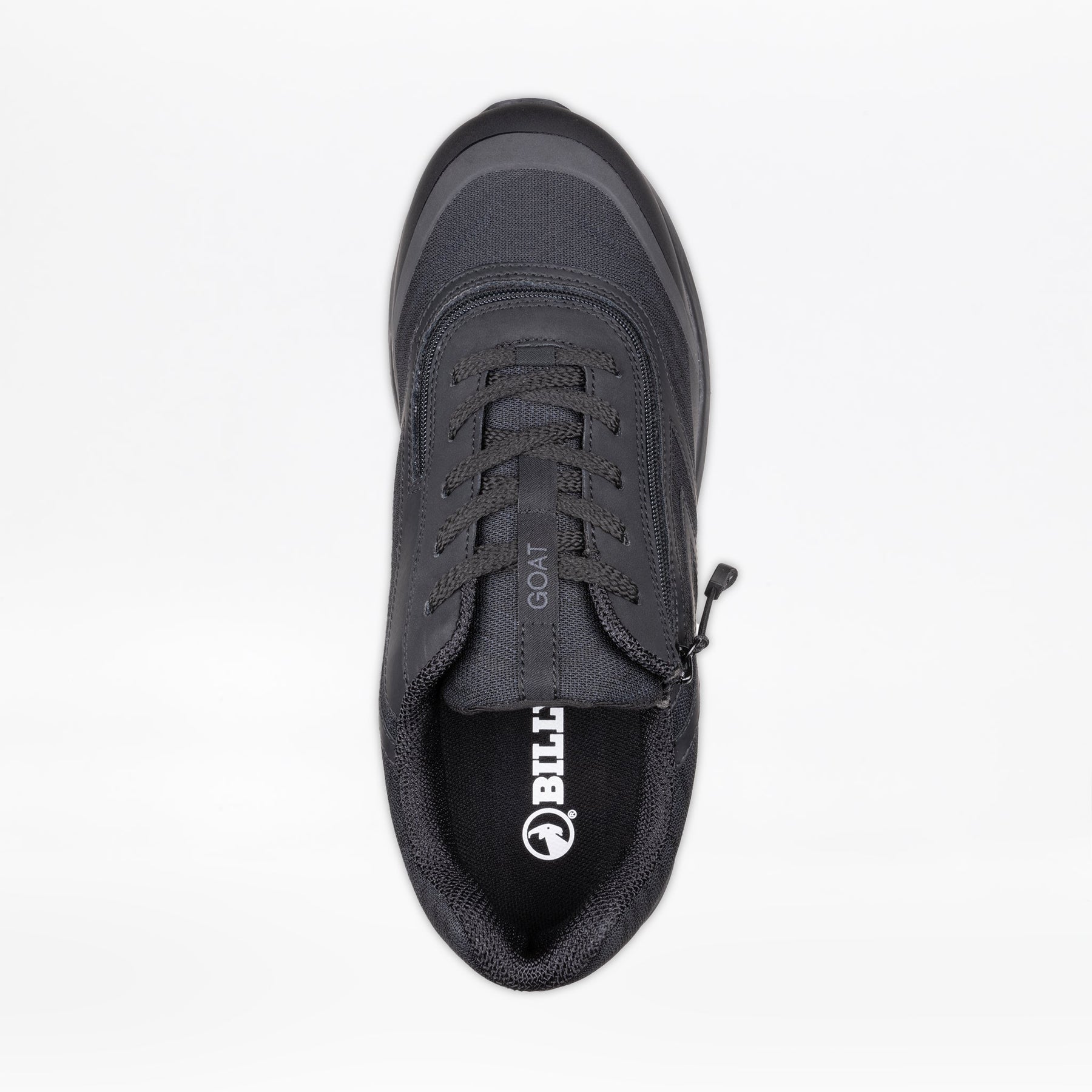 Top-down view of the Men's Black to the Floor BILLY Goat by BILLY Footwear. This wide, orthopedic shoe has "GOAT" on the tongue, a goat logo insole, and a side zipper for stylish, AFO-friendly easy access.