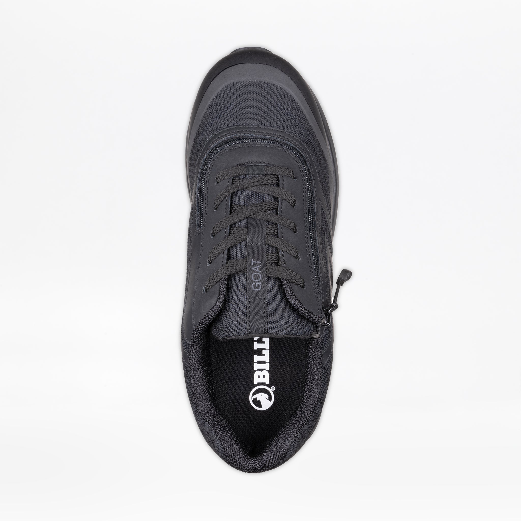 Top-down view of the Men's Black to the Floor BILLY Goat by BILLY Footwear. This wide, orthopedic shoe has "GOAT" on the tongue, a goat logo insole, and a side zipper for stylish, AFO-friendly easy access.