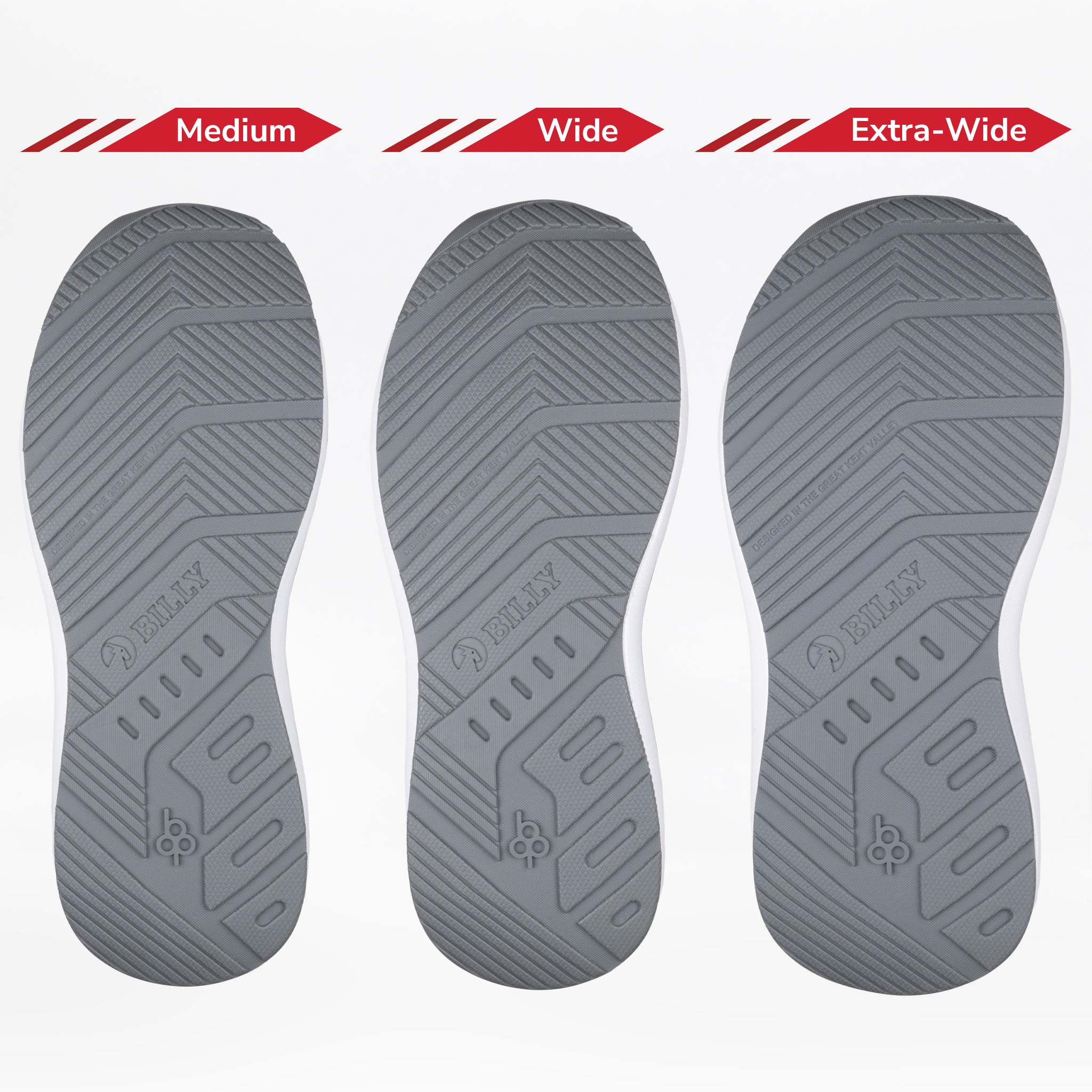 Three gray soles from the BILLY Footwear Men's Charcoal BILLY Goat—labeled Medium, Wide, and Extra-Wide—show increasing width for various foot sizes, perfect for AFO-friendly shoes and men's adaptive orthotic footwear.