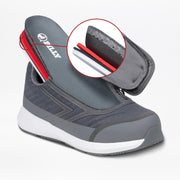 A close-up of the Men's Charcoal BILLY Goat adaptive shoe by BILLY Footwear, featuring an inset showing the adjustable hook-and-loop heel strap for a secure fit—ideal for orthotic footwear or AFO-friendly shoes.