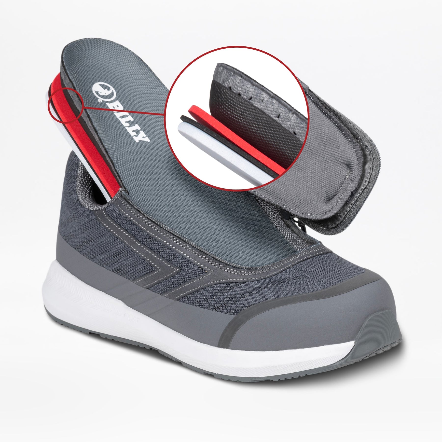 A close-up of the Men's Charcoal BILLY Goat adaptive shoe by BILLY Footwear, featuring an inset showing the adjustable hook-and-loop heel strap for a secure fit—ideal for orthotic footwear or AFO-friendly shoes.