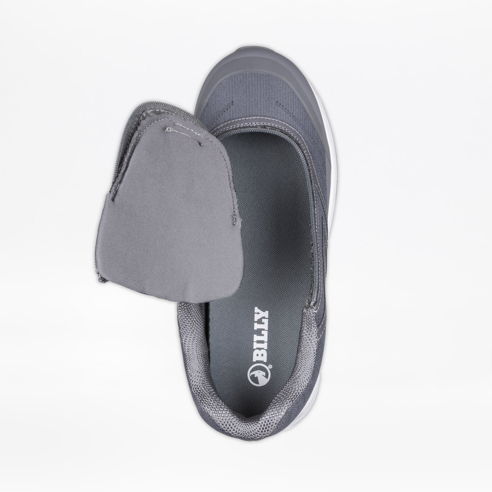 The Men's Charcoal BILLY Goat by BILLY Footwear is an AFO-friendly shoe shown from above with the upper unzipped and open to reveal the interior and insole, designed for easy access against a white background.