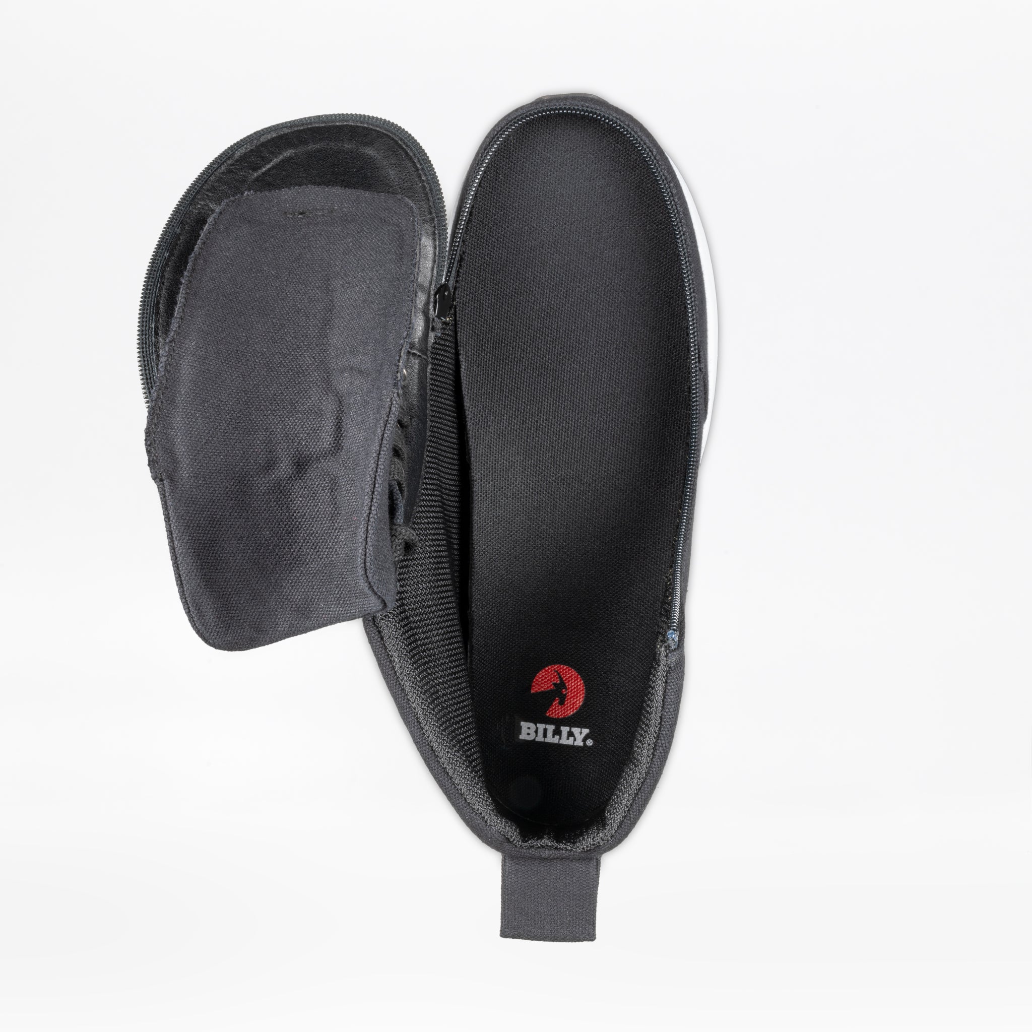The Men's Black/White BILLY Goat Classic High by BILLY Footwear is shown unzipped to reveal the insole with a red goat logo and "BILLY," designed for orthotics use. Displayed against a plain white background.