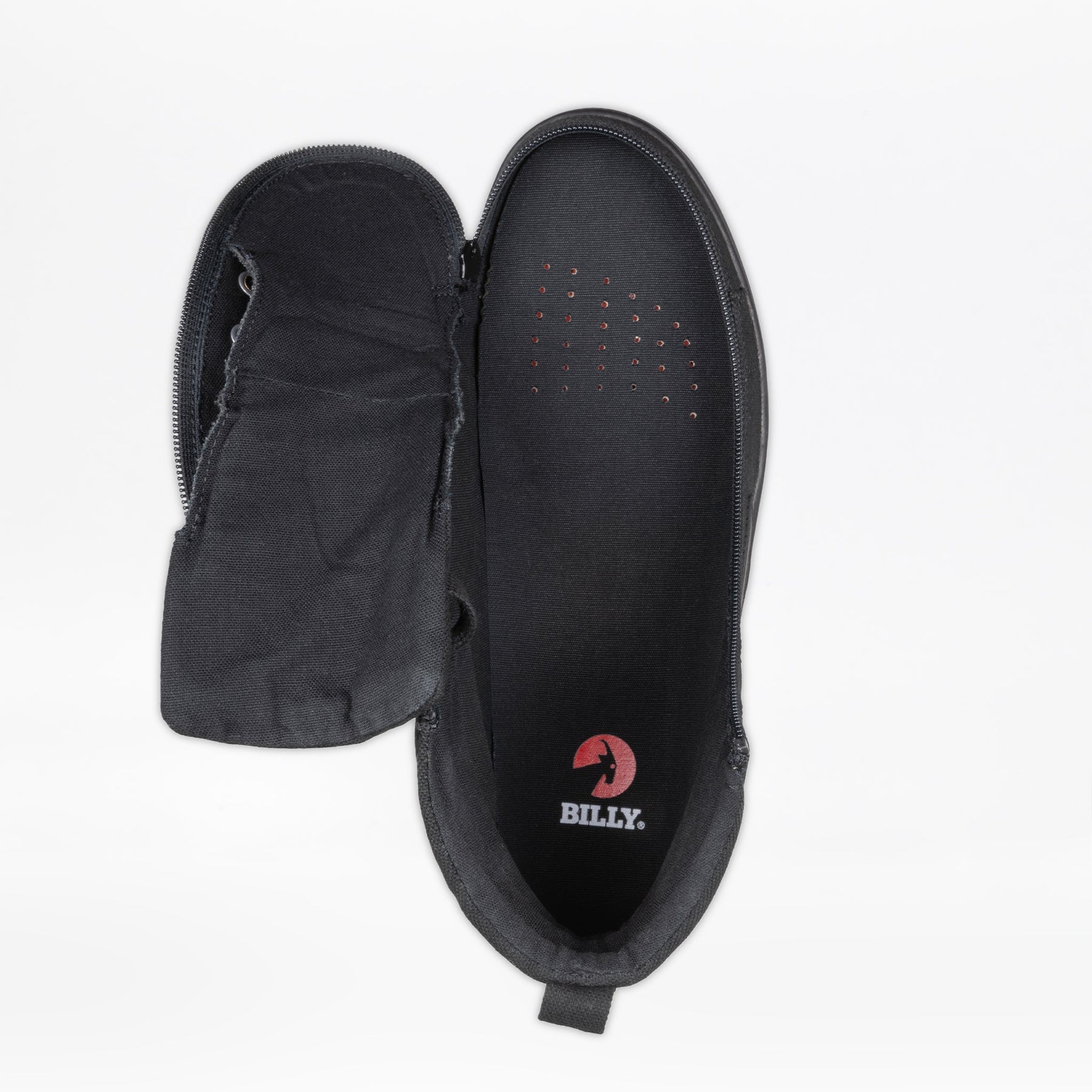 The Men's Black to the Floor BILLY CS High by BILLY Footwear is a black high-top sneaker featuring a fully opened Full Wrap Zipper, showing the interior with the red BILLY logo on the insole against a white background.