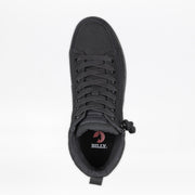 Top view of the Men's Black to the Floor BILLY CS High by BILLY Footwear, showing black laces, a side zipper, and a red BILLY logo on the insole. This men's high top sneaker is set against a plain white background.