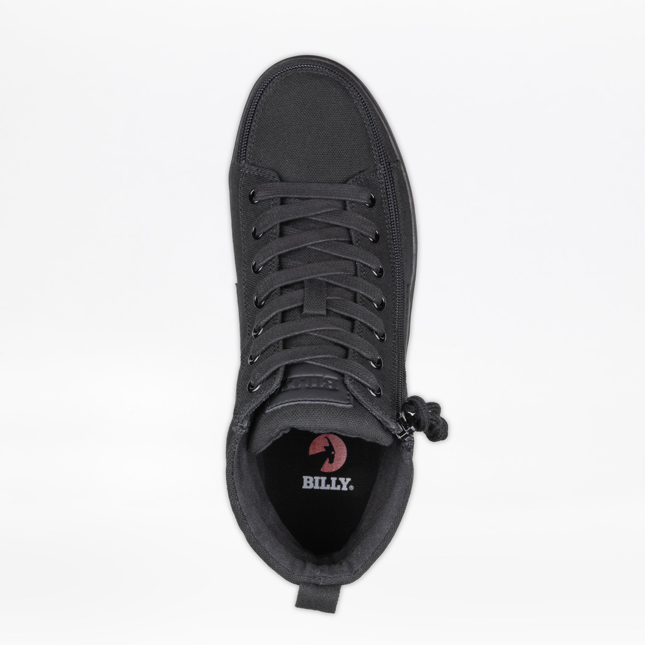 Top view of the Men's Black to the Floor BILLY CS High by BILLY Footwear, showing black laces, a side zipper, and a red BILLY logo on the insole. This men's high top sneaker is set against a plain white background.