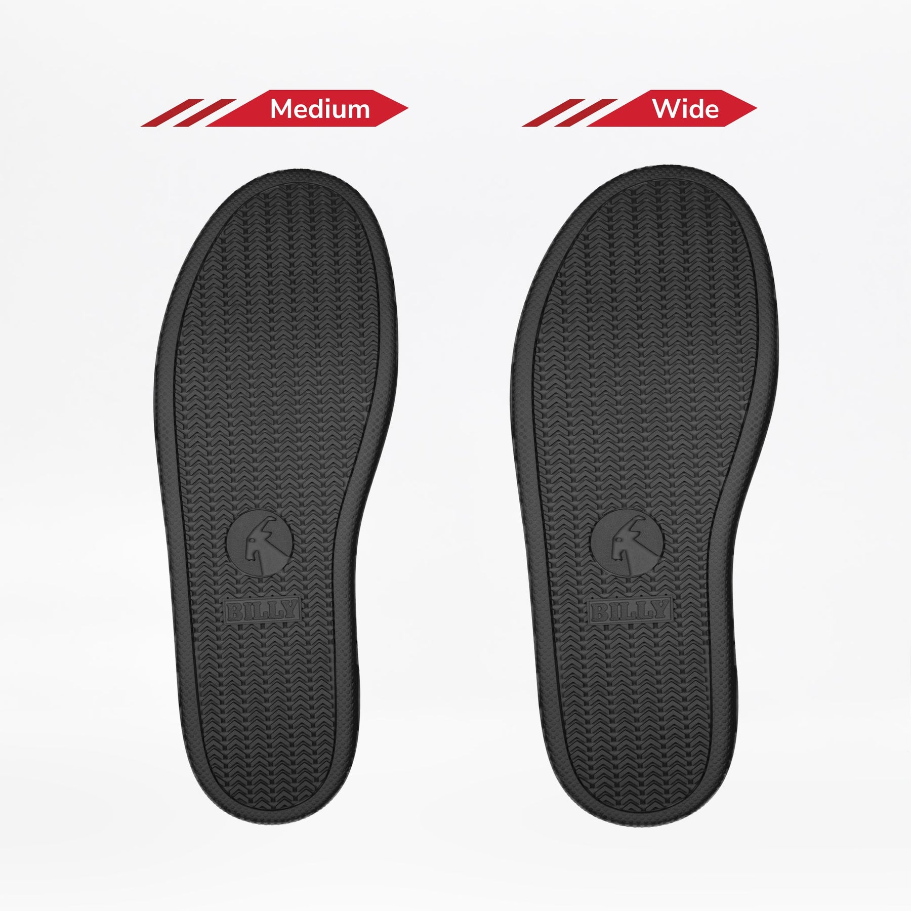 Two black insoles for the Men's Black to the Floor BILLY CS High by BILLY Footwear are shown side by side on a white background, labeled Medium and Wide to highlight available width options. Both feature textured patterns.