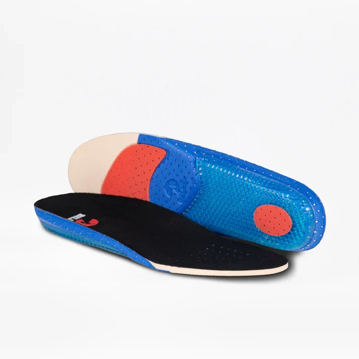 Orthopedic insoles with a black top layer, blue sides, and red and beige cushioning zones—ideal for enhancing comfort in the Men's Black to the Floor BILLY CS High sneakers by BILLY Footwear. Shown on a white background.