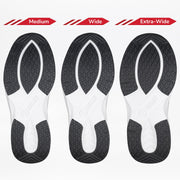 Three Men's Black BILLY Limitless soles from BILLY Footwear are shown side by side in Medium, Wide, and Extra-Wide, increasing in width to highlight easy-on/easy-off adjustable depth sneakers for a superior fit.