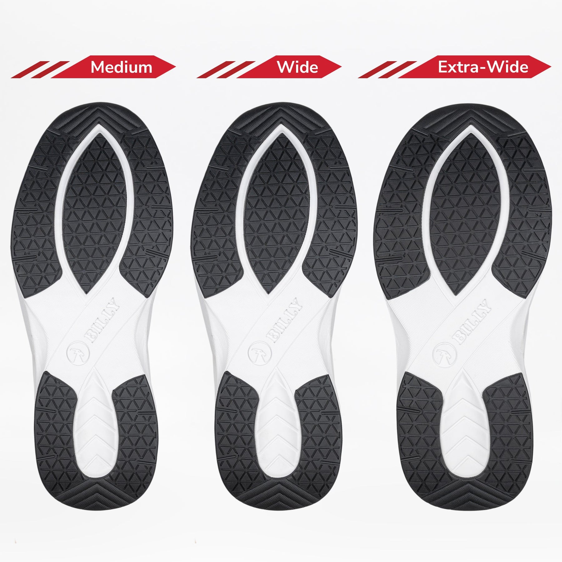 Three Men's Black BILLY Limitless soles from BILLY Footwear are shown side by side in Medium, Wide, and Extra-Wide, increasing in width to highlight easy-on/easy-off adjustable depth sneakers for a superior fit.