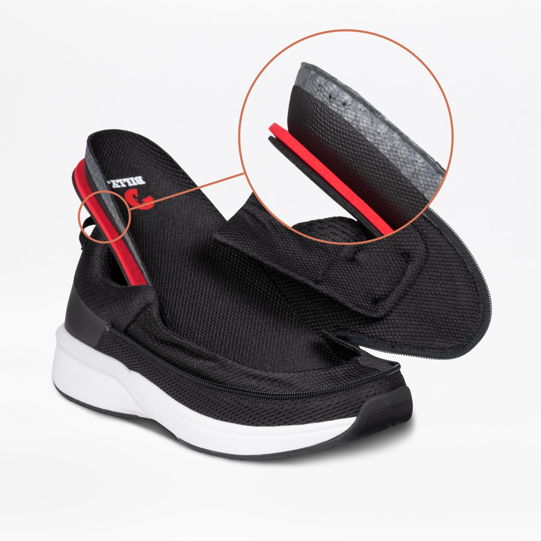 The Men's Black BILLY Limitless sneaker by BILLY Footwear is partially opened, revealing its red and gray interior. An inset circle highlights the easy-on/easy-off layered construction and materials.