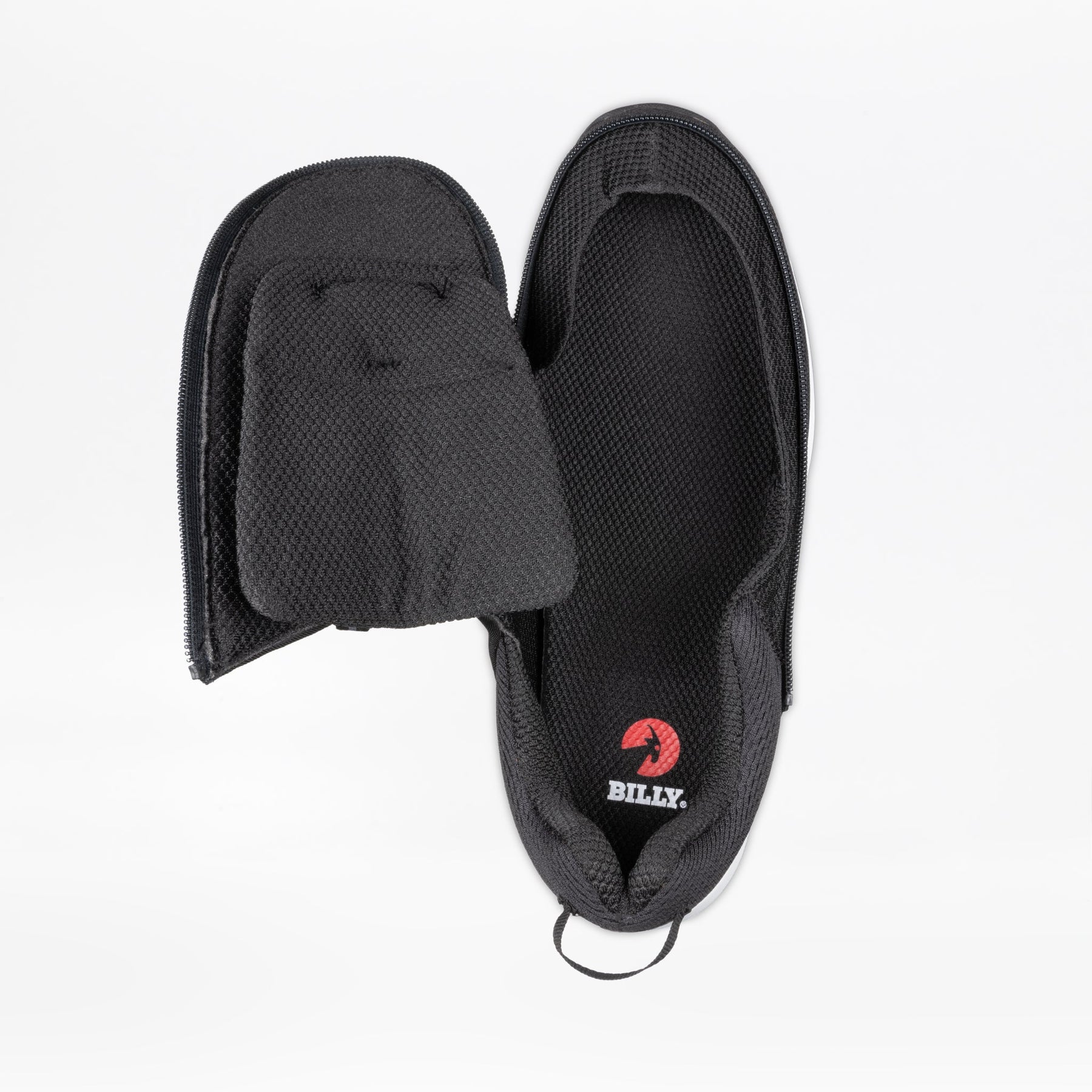 Top view of the Men's Black BILLY Limitless by BILLY Footwear with the front unzipped to show the interior and red logo insole. Its textured fabric and circular heel pull tab highlight an easy-on/easy-off design.
