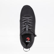 Top view of the Men's Black BILLY Limitless sneaker by BILLY Footwear, featuring gray laces, a mesh upper, a "LIMITLESS" tongue tag, and a red "BILLY" logo on the insole, shown on a plain white background.