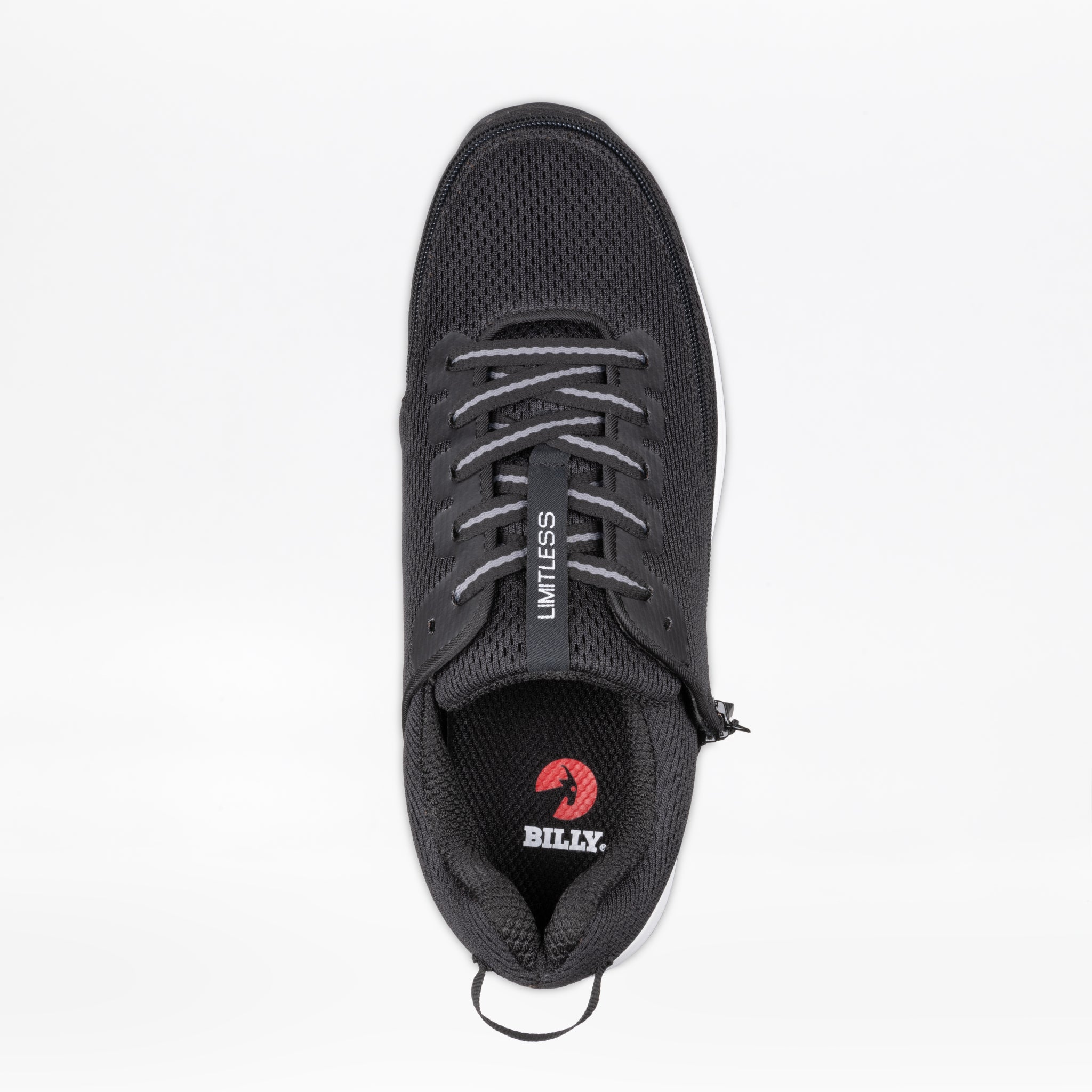 Top view of the Men's Black BILLY Limitless sneaker by BILLY Footwear, featuring gray laces, a mesh upper, a "LIMITLESS" tongue tag, and a red "BILLY" logo on the insole, shown on a plain white background.