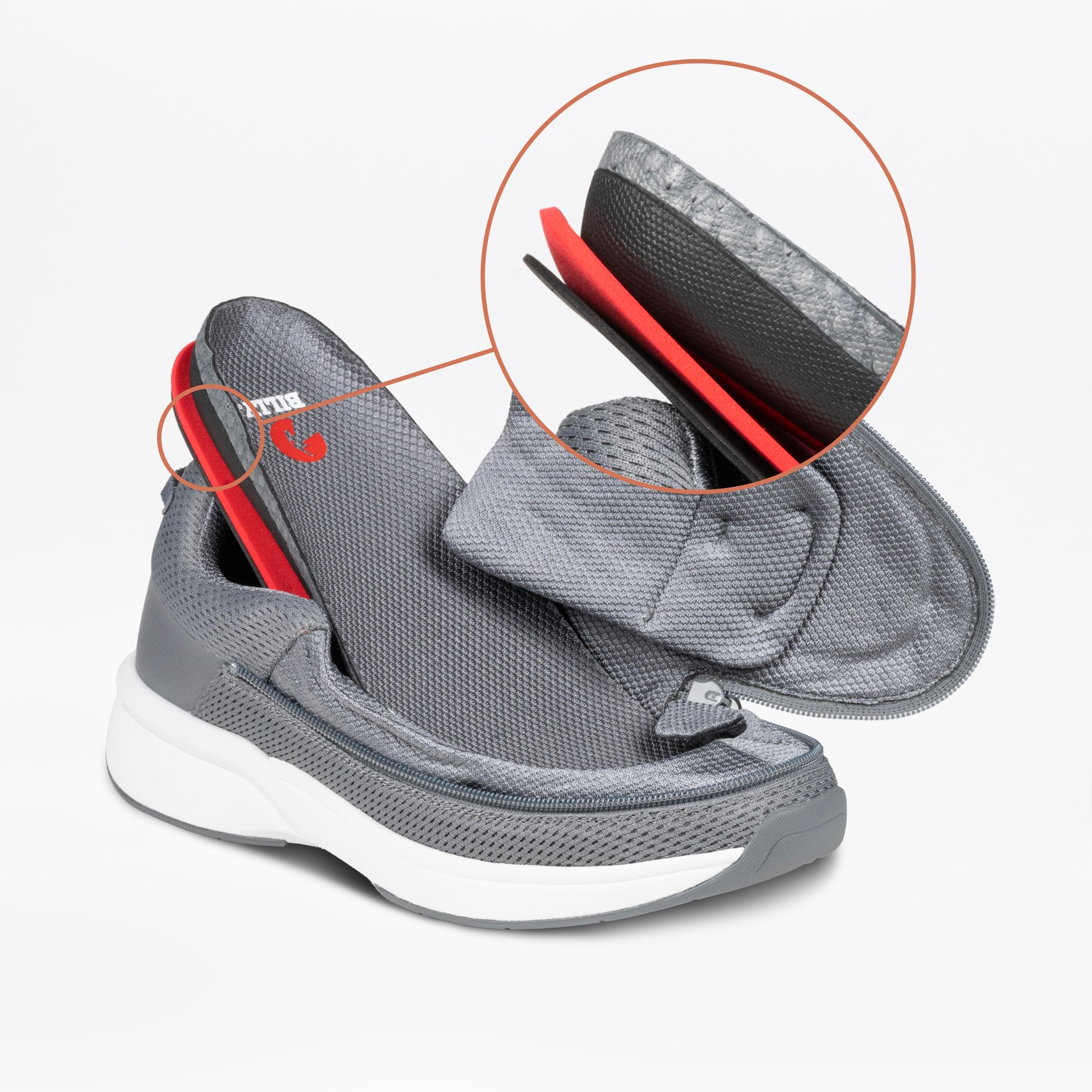 The Men's Charcoal BILLY Limitless by BILLY Footwear is a wide athletic shoe in gray with a white sole, shown in close-up to highlight its multi-layered removable insole and footbed featuring a red supportive layer.